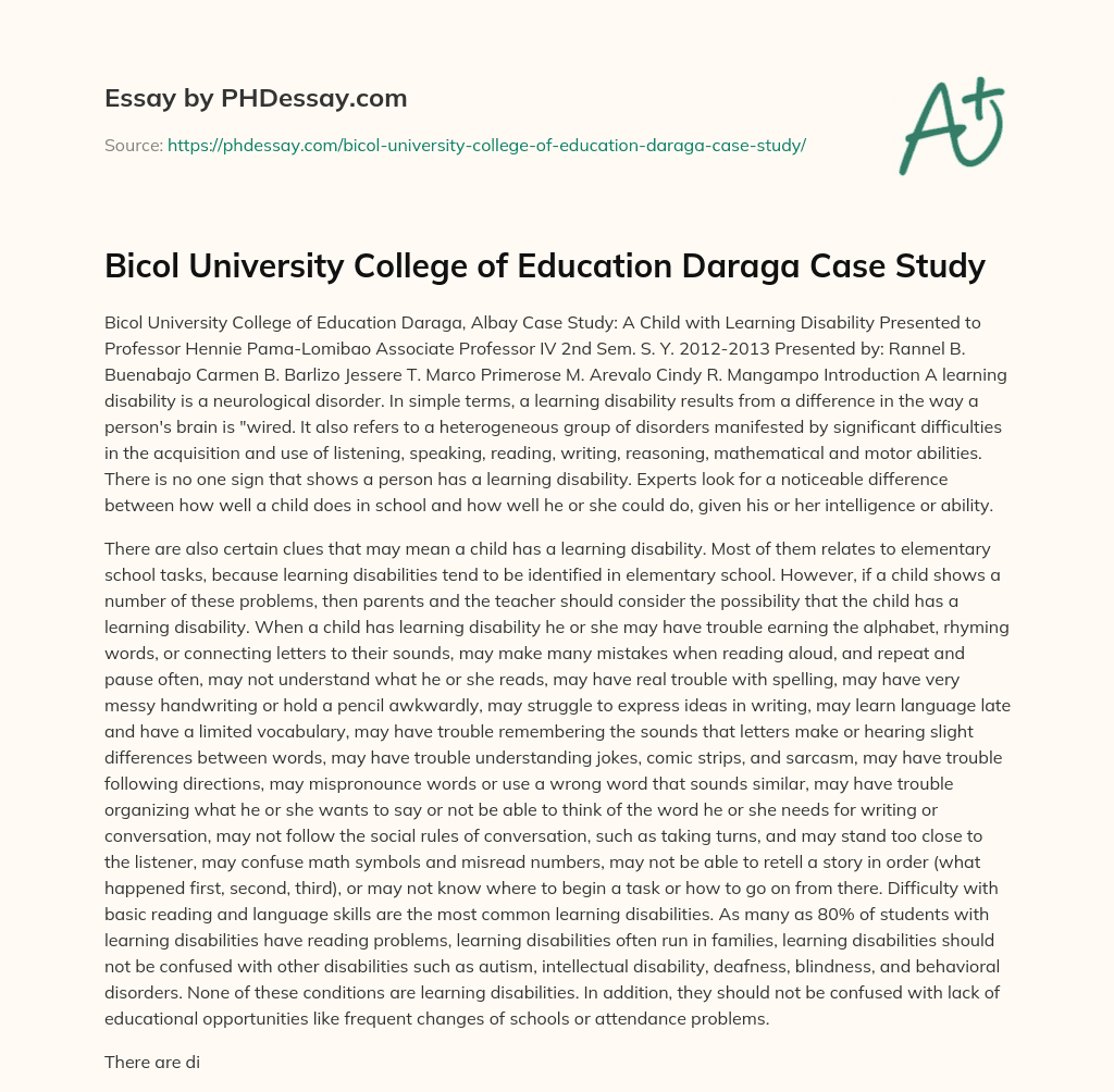 Bicol University College of Education Daraga Case Study essay