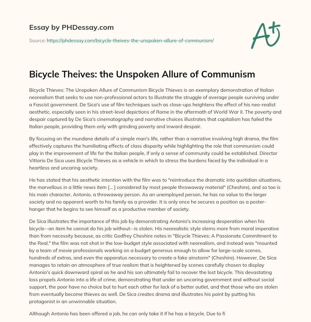 Bicycle Theives: the Unspoken Allure of Communism essay