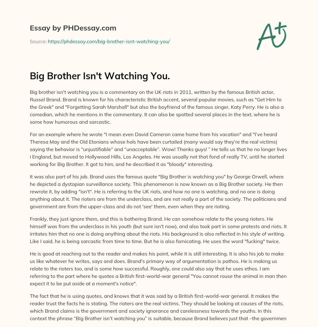 Big Brother Isn’t Watching You. essay