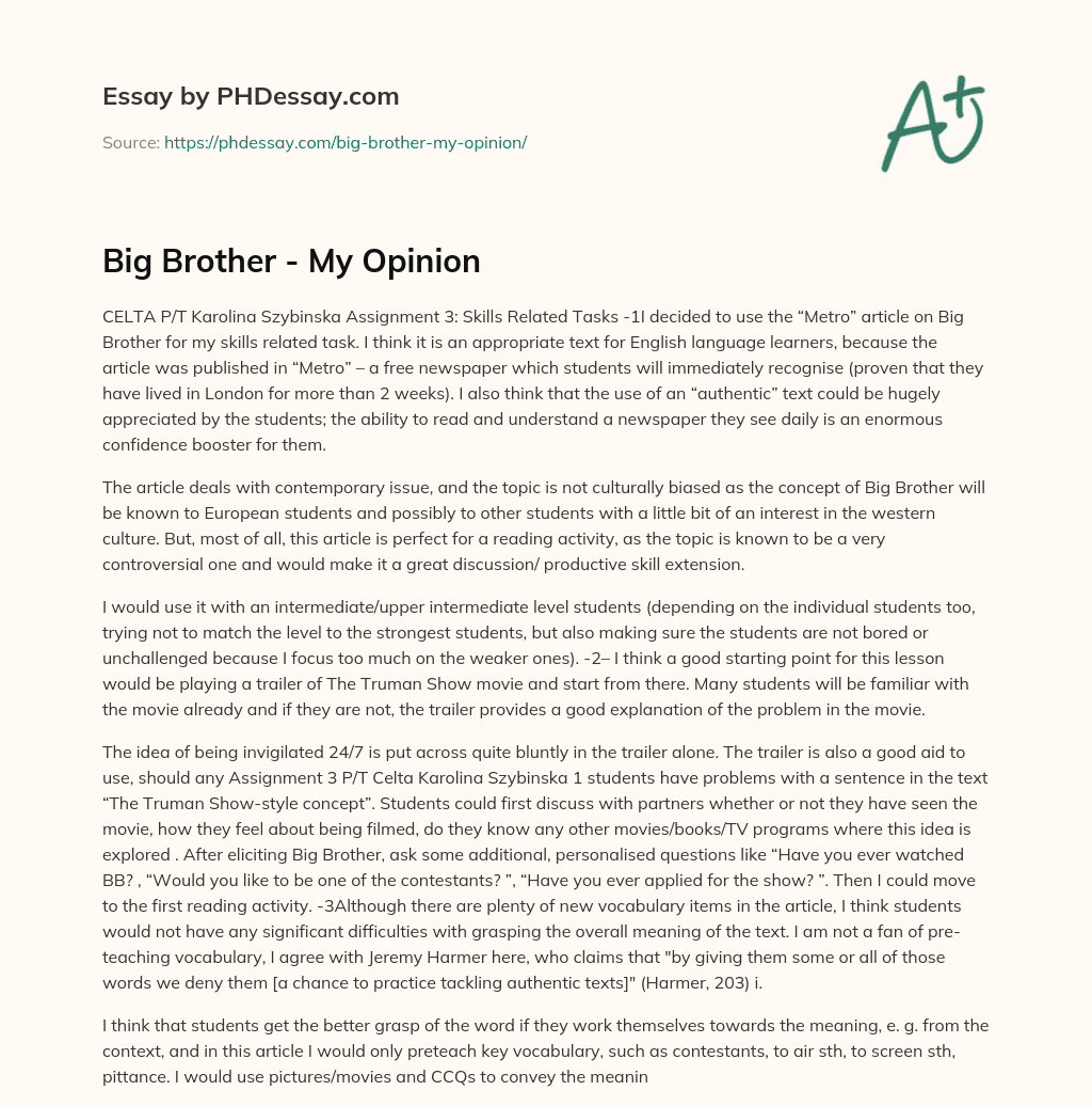 Big Brother – My Opinion essay