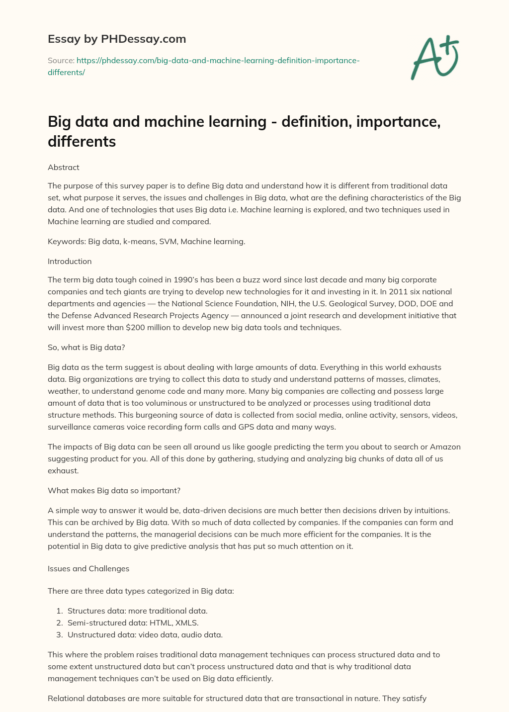Big data and machine learning – definition, importance, differents essay
