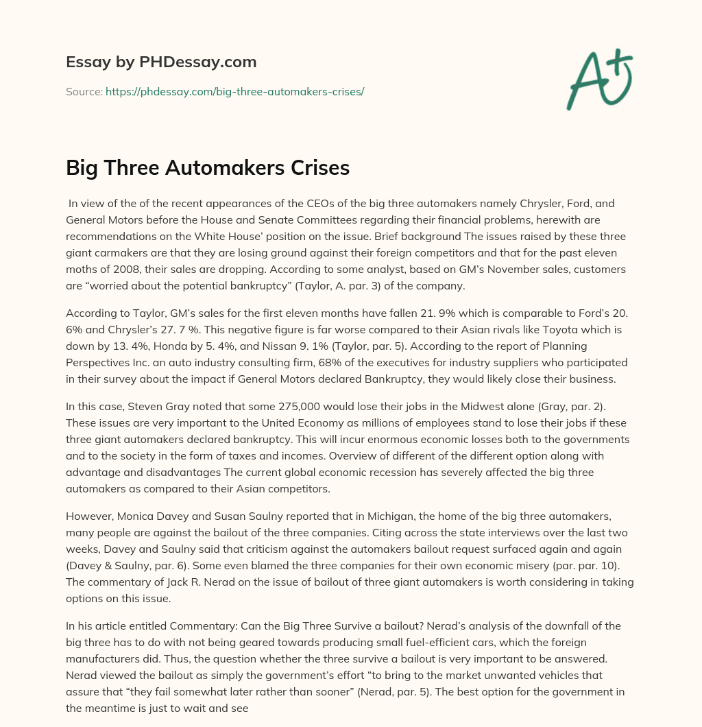 Big Three Automakers Crises essay
