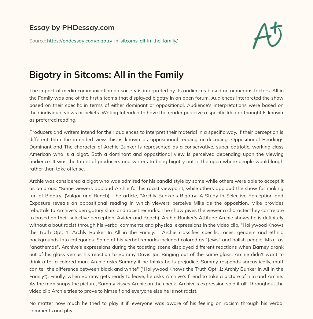 Bigotry in Sitcoms: All in the Family essay