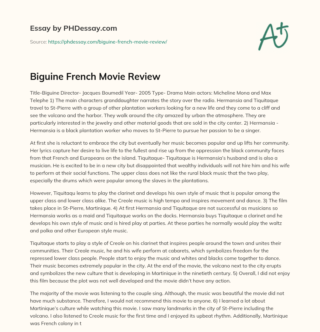 Biguine French Movie Review essay