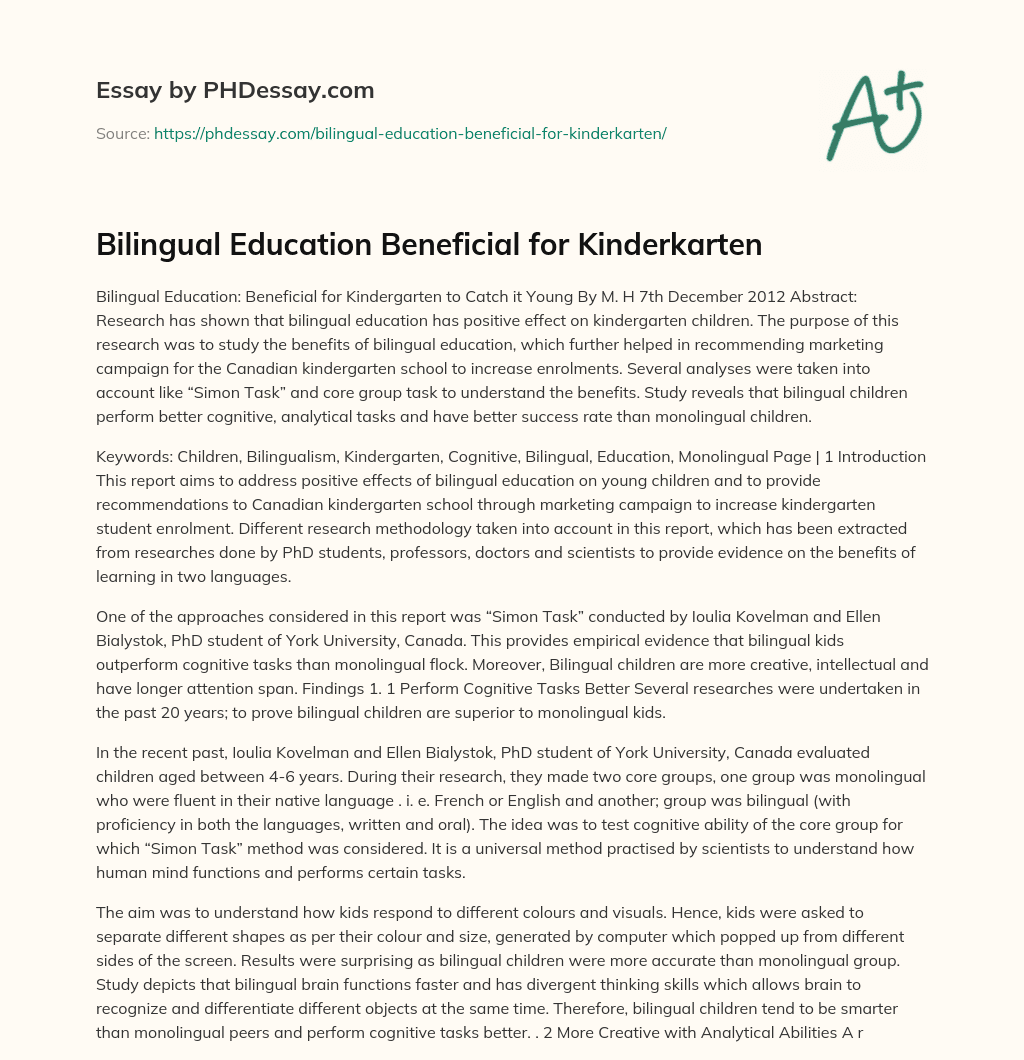 Bilingual Education Beneficial for Kinderkarten essay