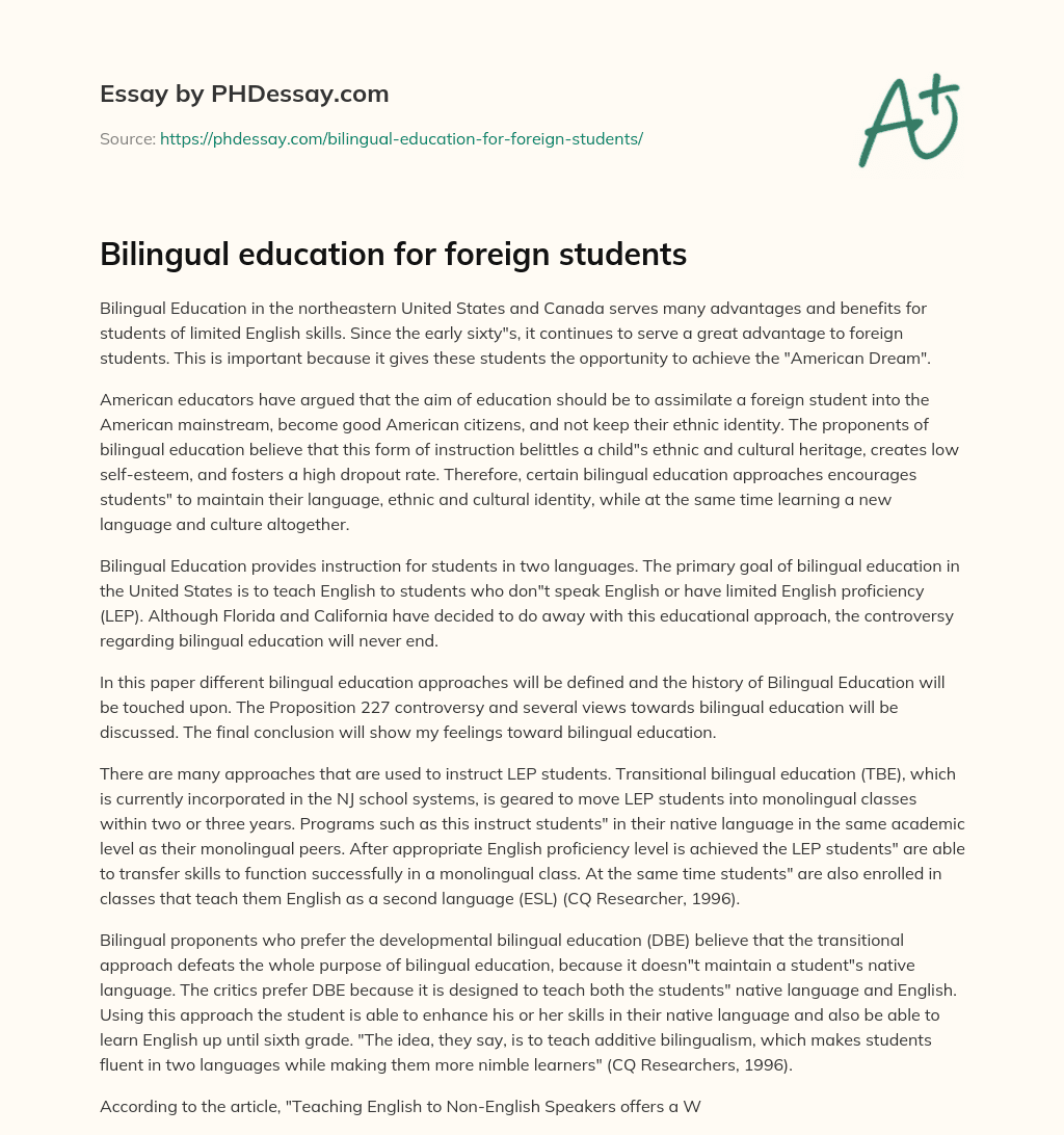 Bilingual education for foreign students essay