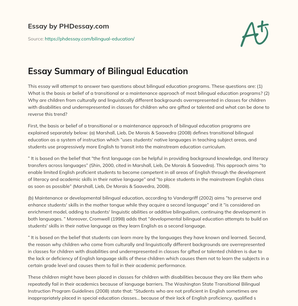 Essay Summary of Bilingual Education essay