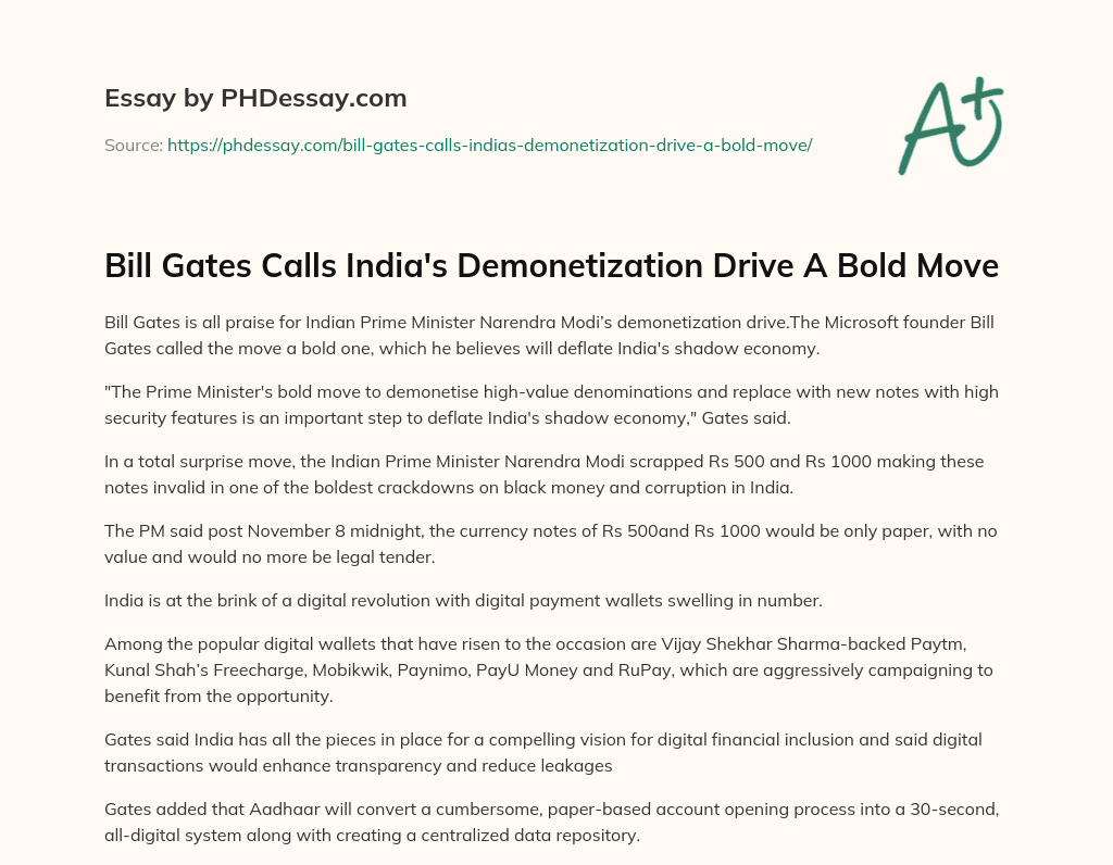 Bill Gates Calls India’s Demonetization Drive A Bold Move essay