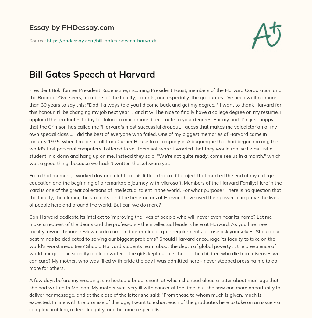 Bill Gates Speech at Harvard essay