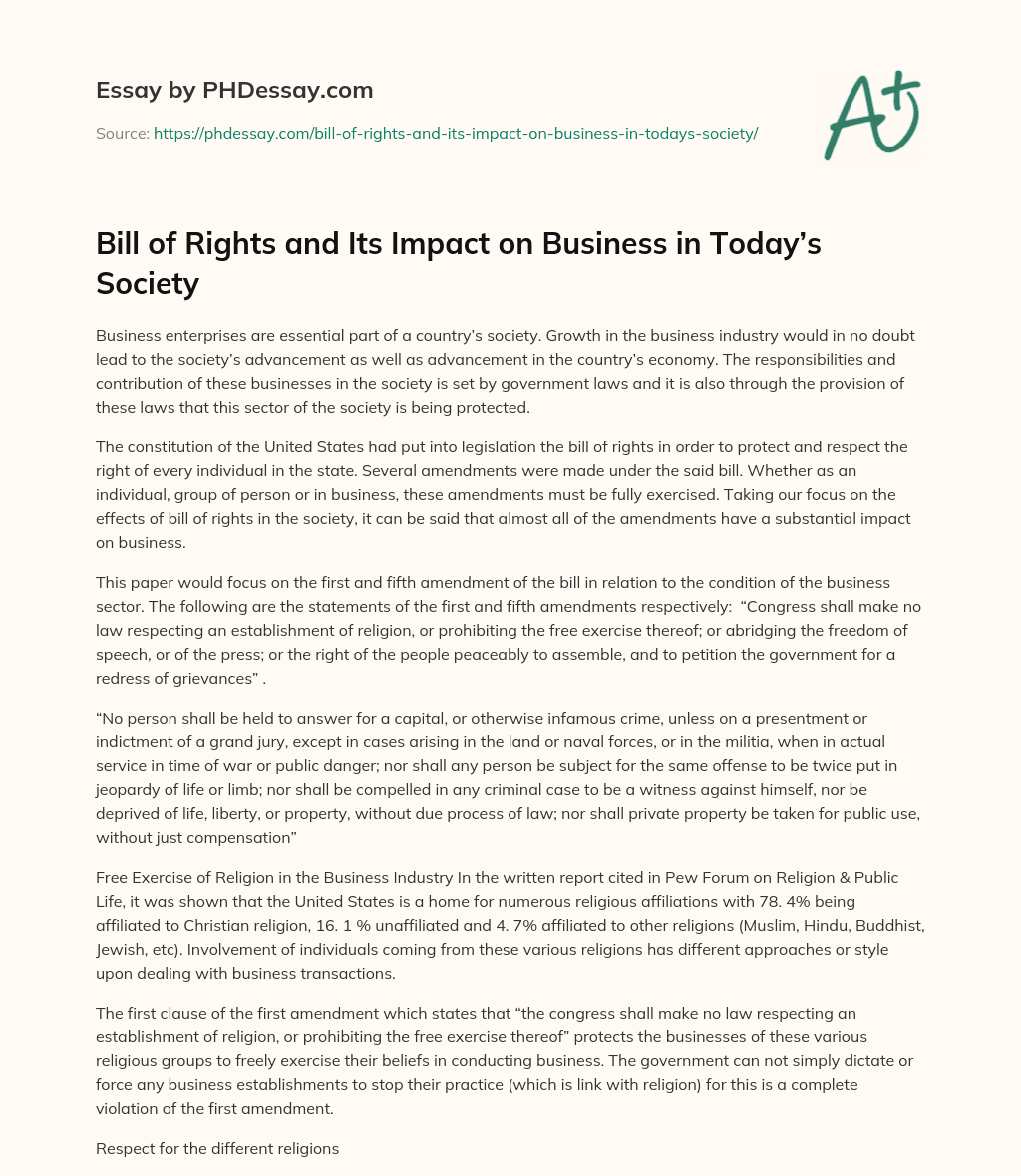 Bill of Rights and Its Impact on Business in Today’s Society essay