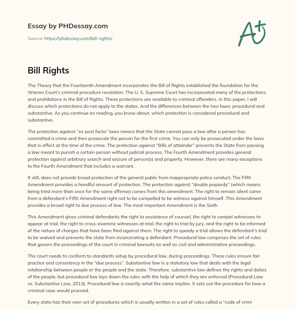 The Incorporation of the Bill of Rights in Criminal Procedure: Protections and Differences Between Procedural and Substantive Laws essay