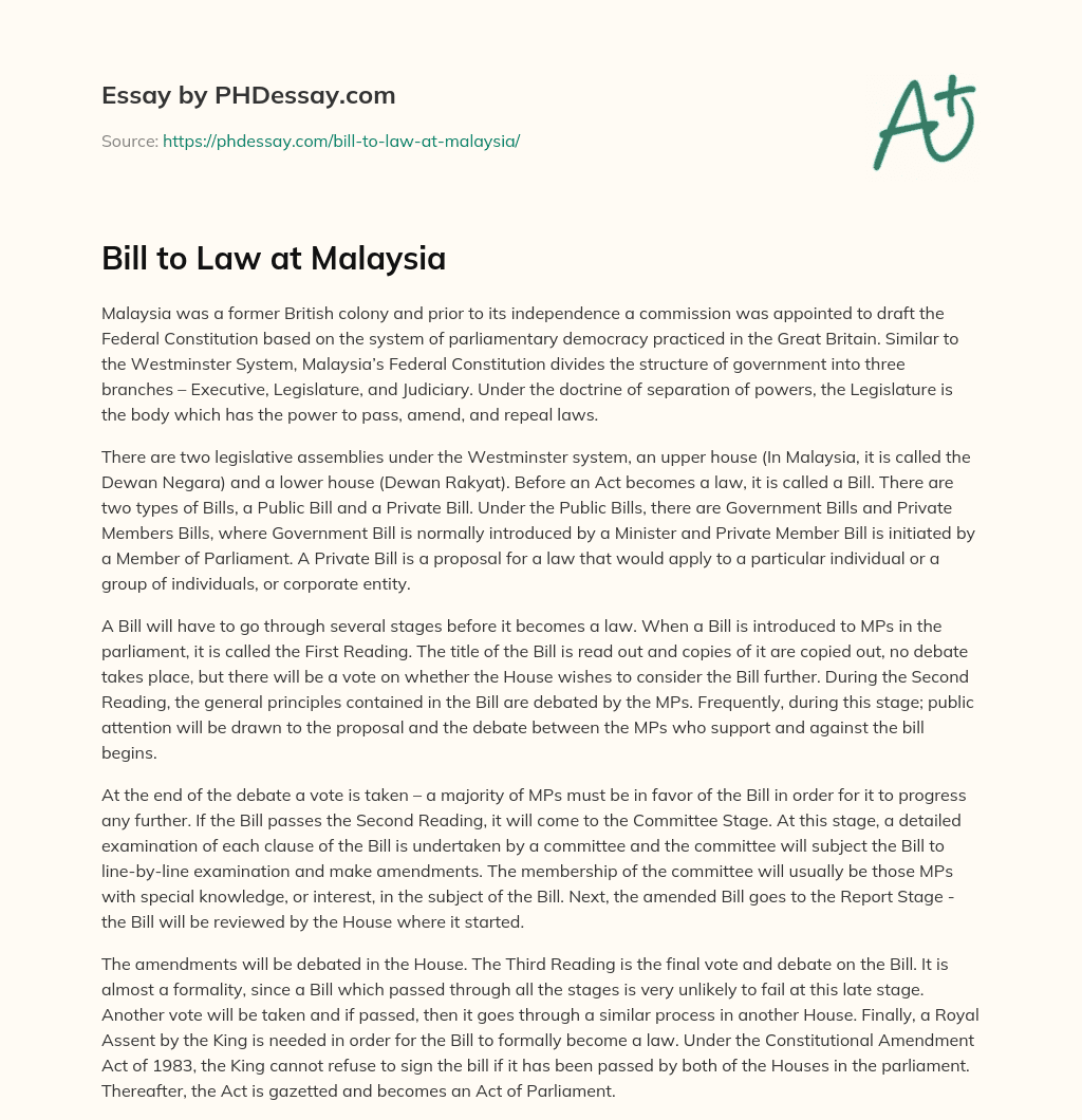 Bill to Law at Malaysia essay