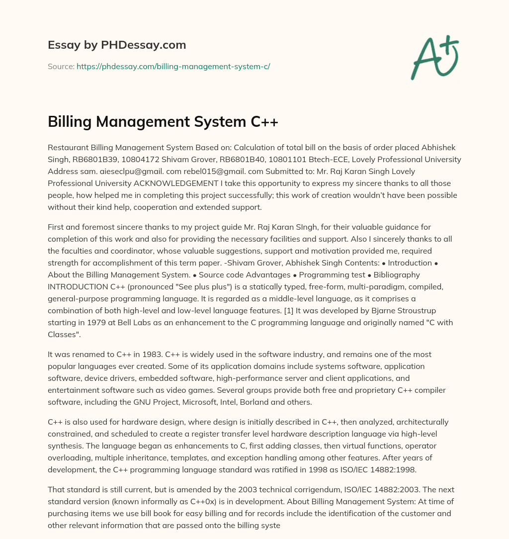 Billing Management System C++ essay