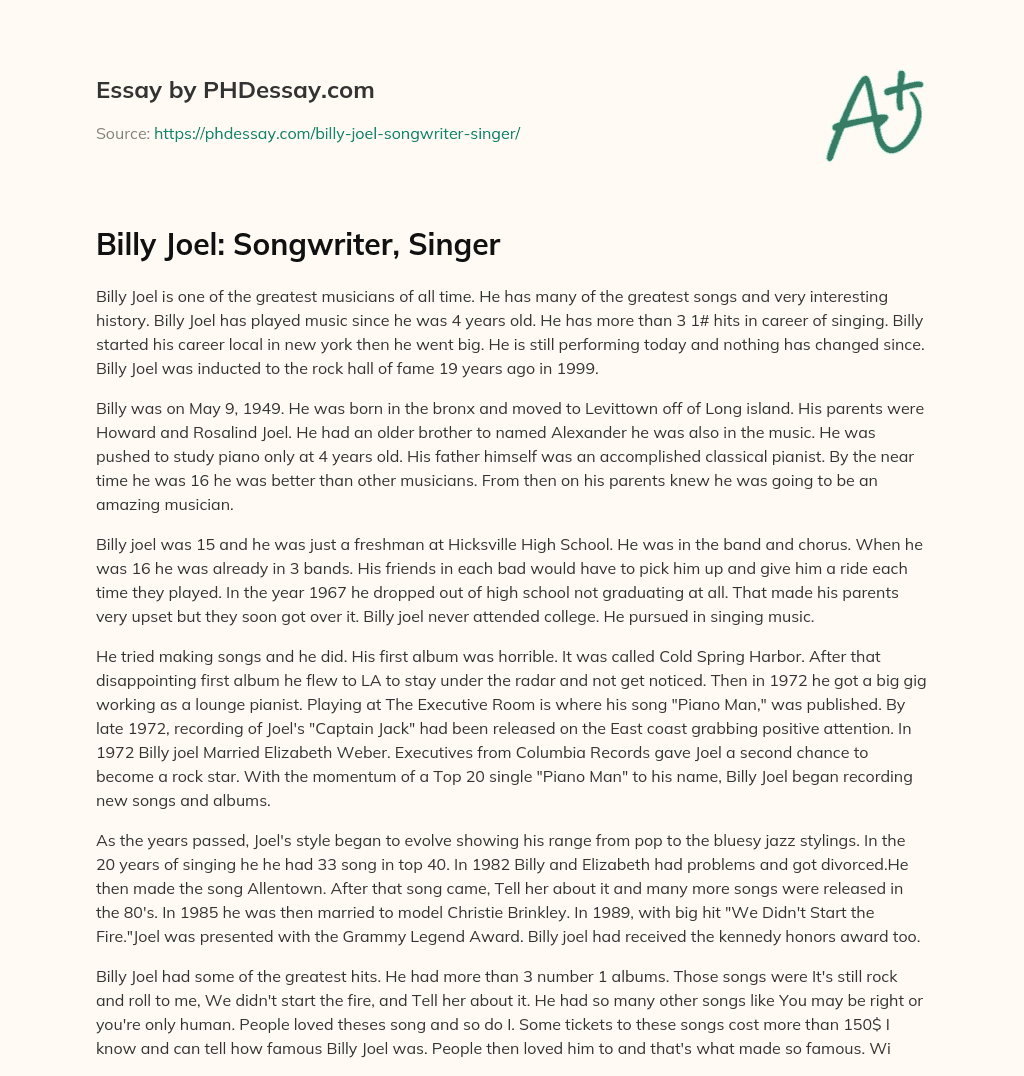 Billy Joel: Songwriter, Singer essay