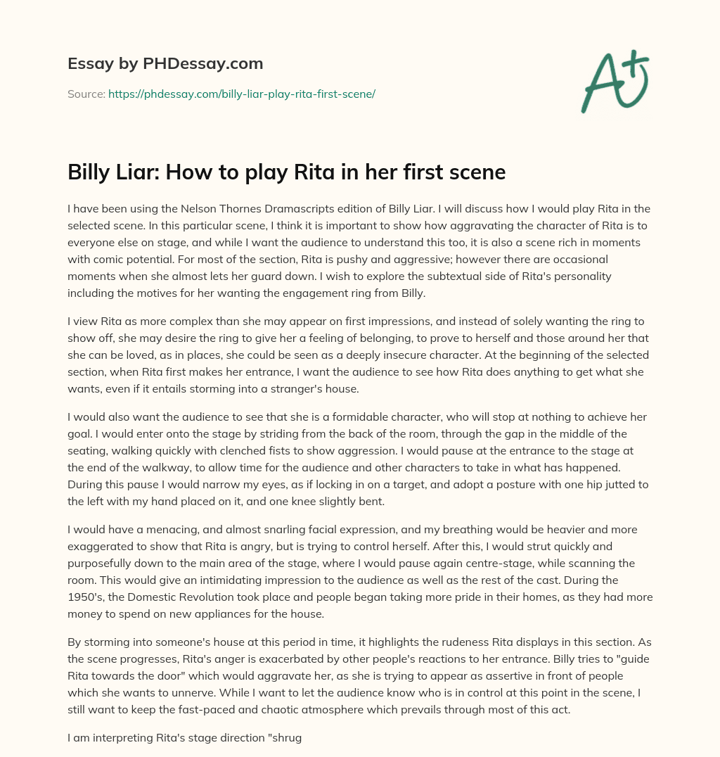 Billy Liar: How to play Rita in her first scene essay