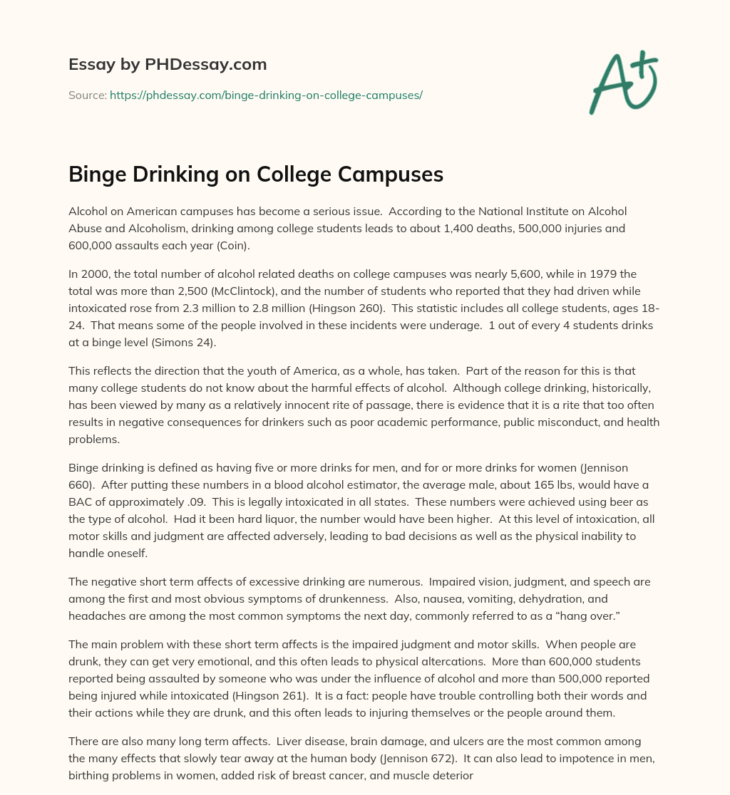 Binge Drinking on College Campuses essay