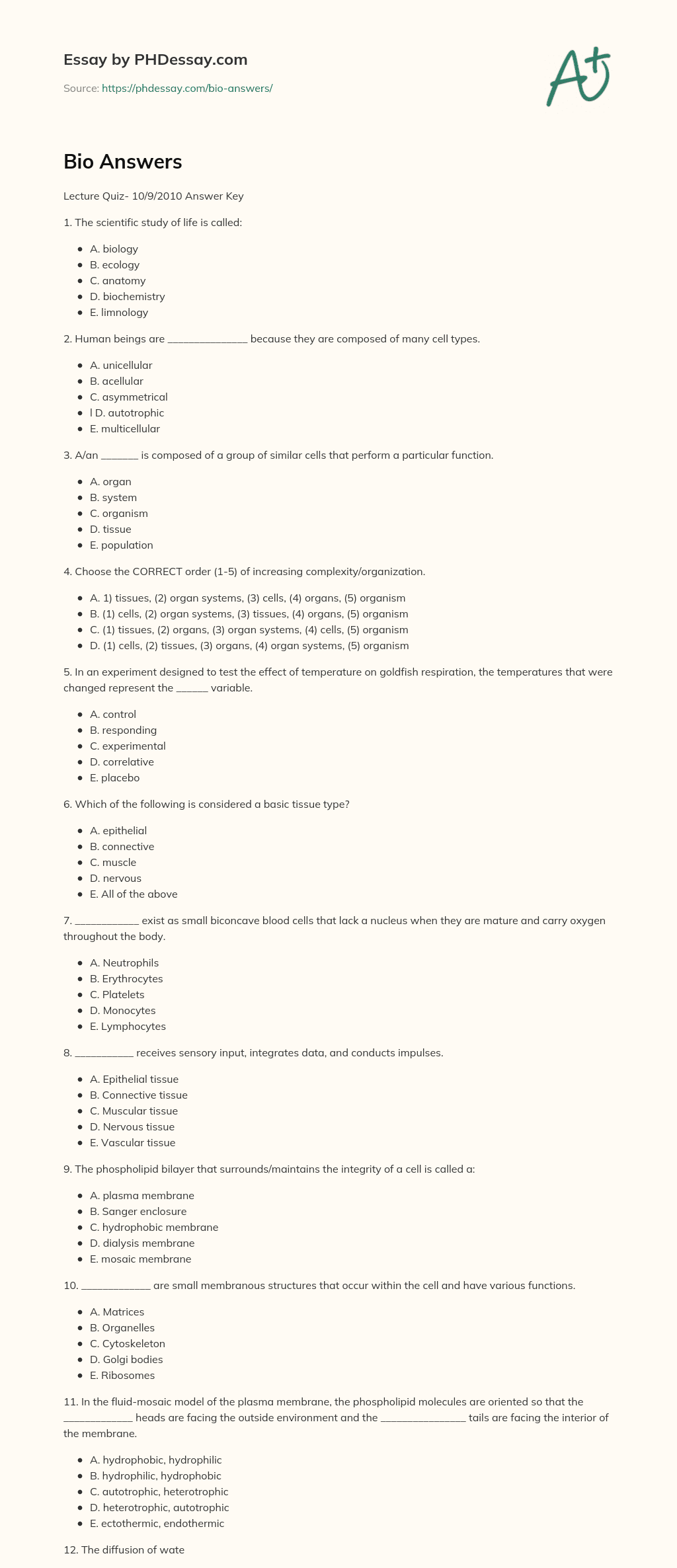 Bio Answers essay