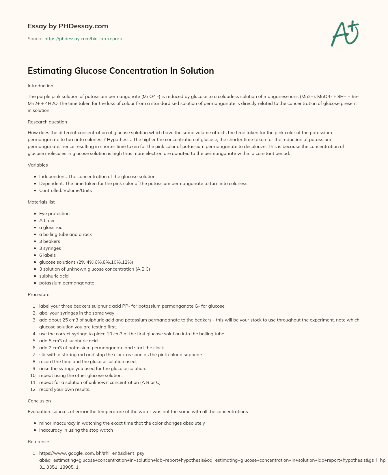 Estimating Glucose Concentration In Solution essay