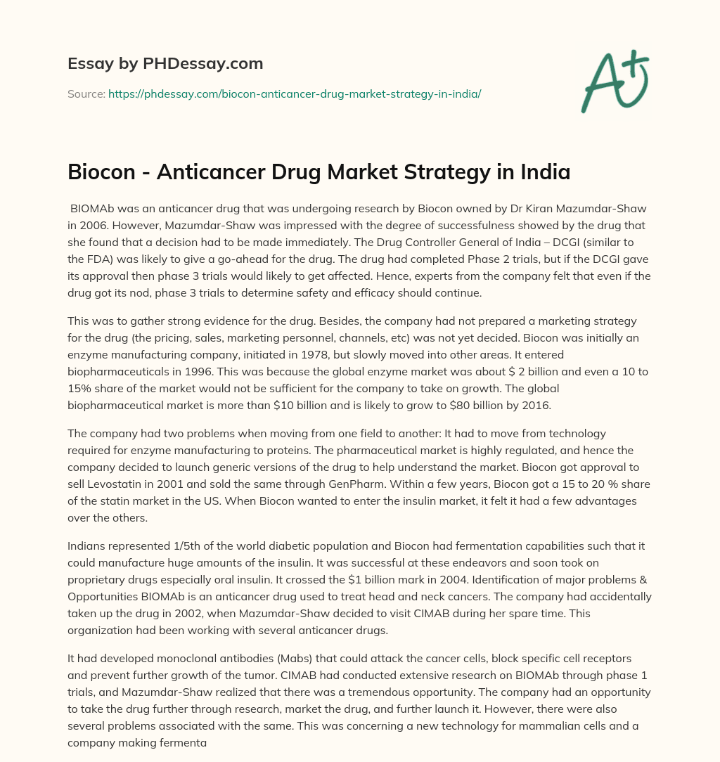 Biocon – Anticancer Drug Market Strategy in India essay