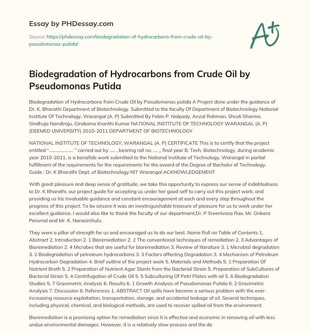Biodegradation of Hydrocarbons from Crude Oil by Pseudomonas Putida essay