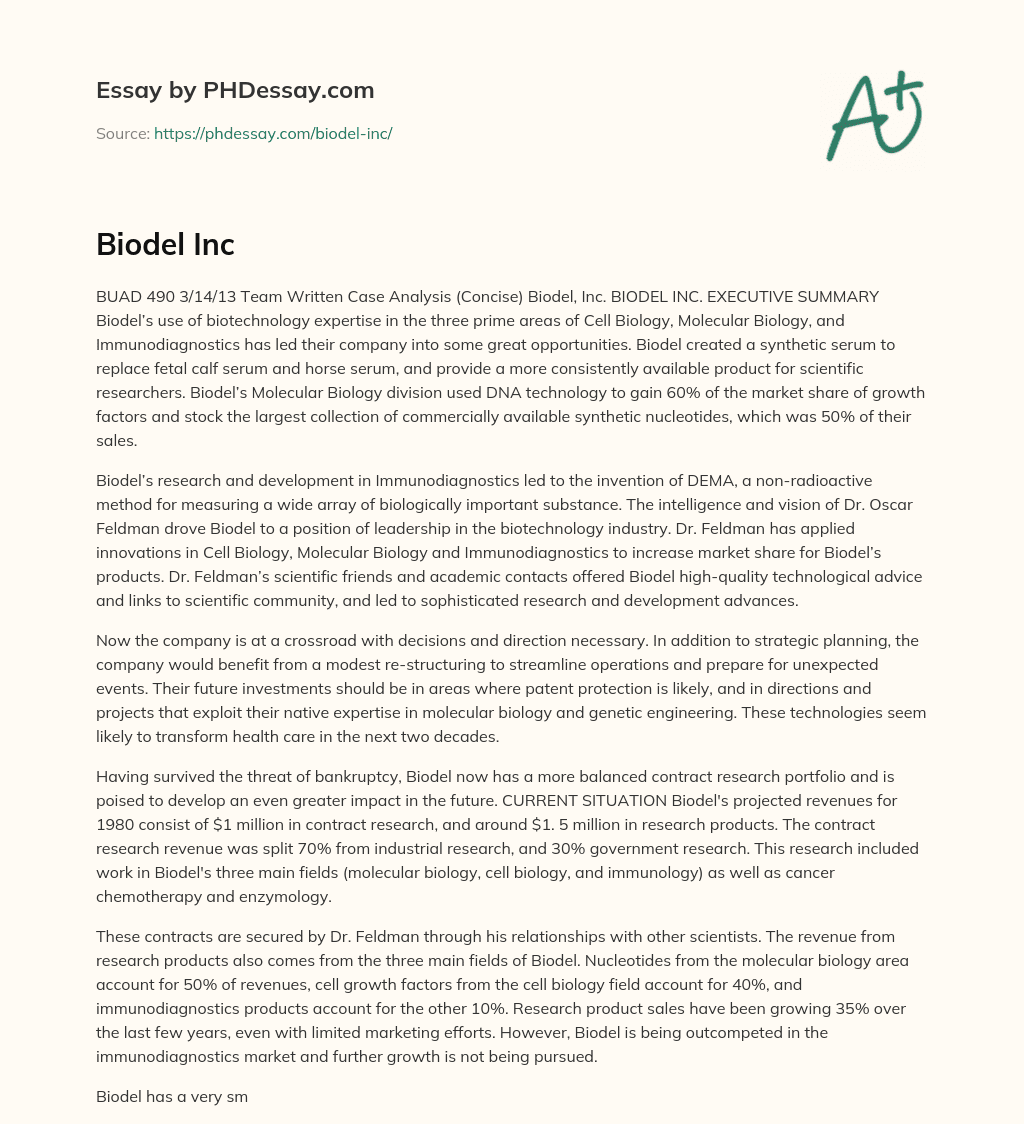 Biodel’s Biotechnology Expertise and Innovations in Cell, Molecular Biology, and Immunodiagnostics essay