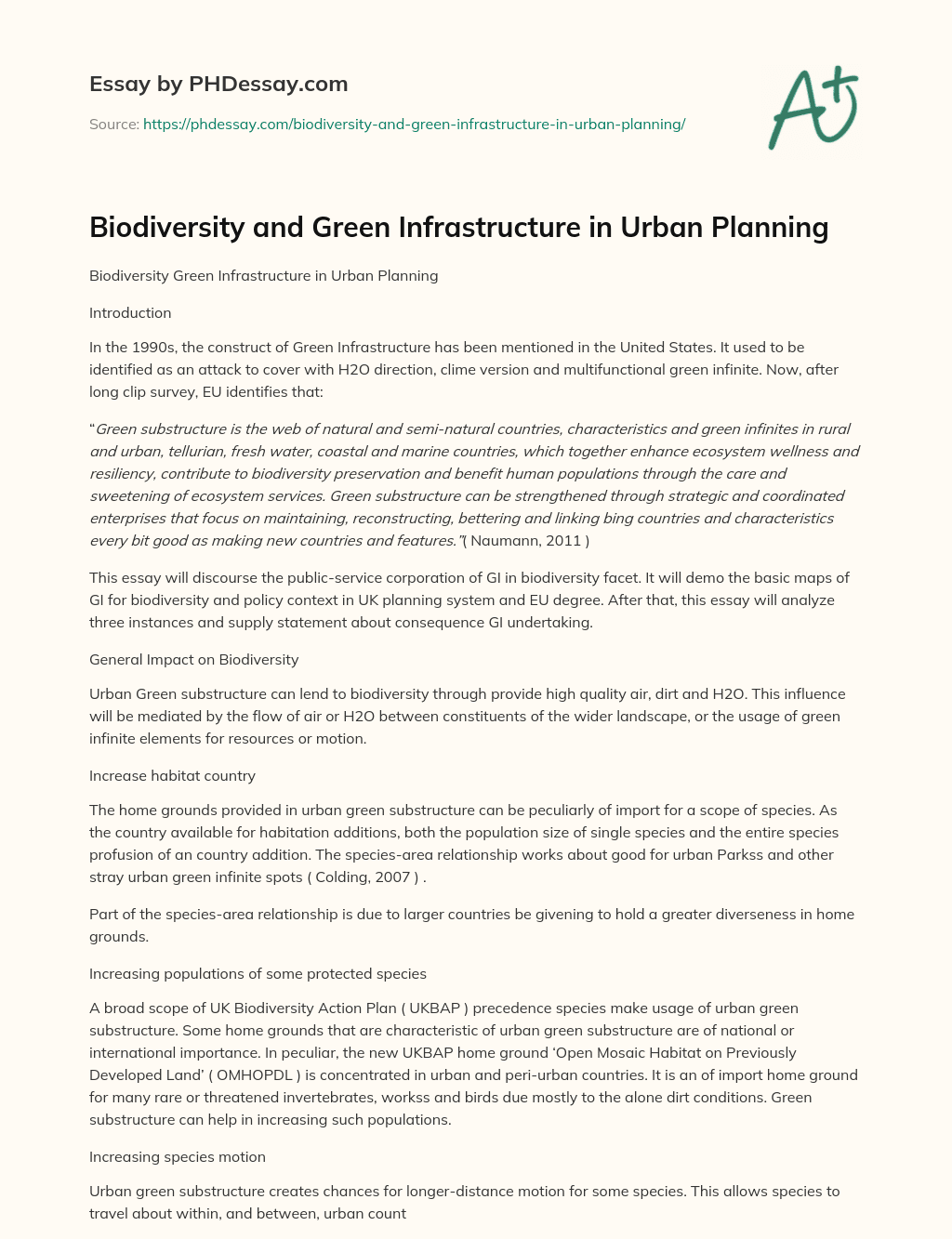 Biodiversity and Green Infrastructure in Urban Planning essay