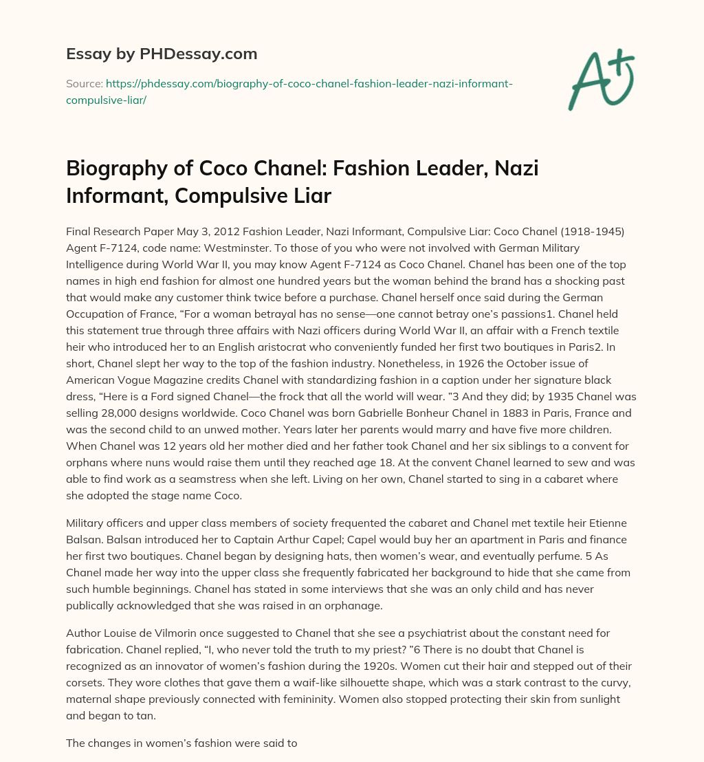 Biography of Coco Chanel: Fashion Leader, Nazi Informant, Compulsive Liar essay