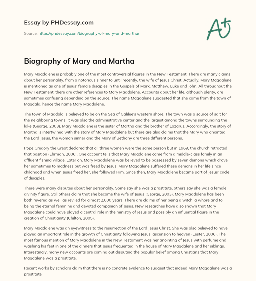 Biography of Mary and Martha essay