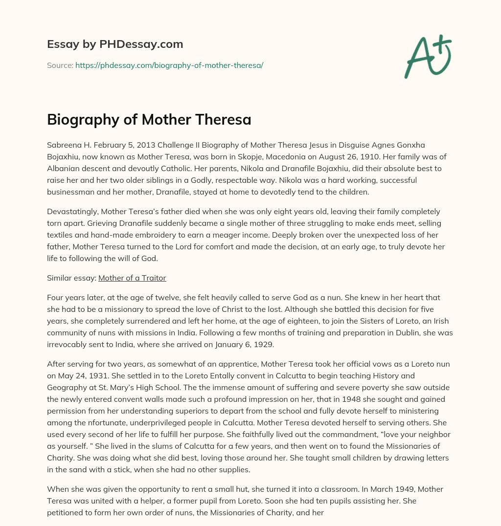 Biography of Mother Theresa essay