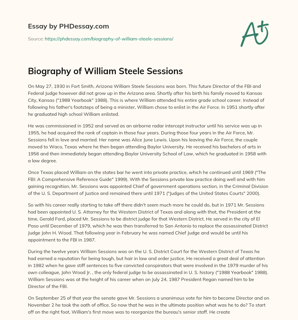 Biography of William Steele Sessions essay