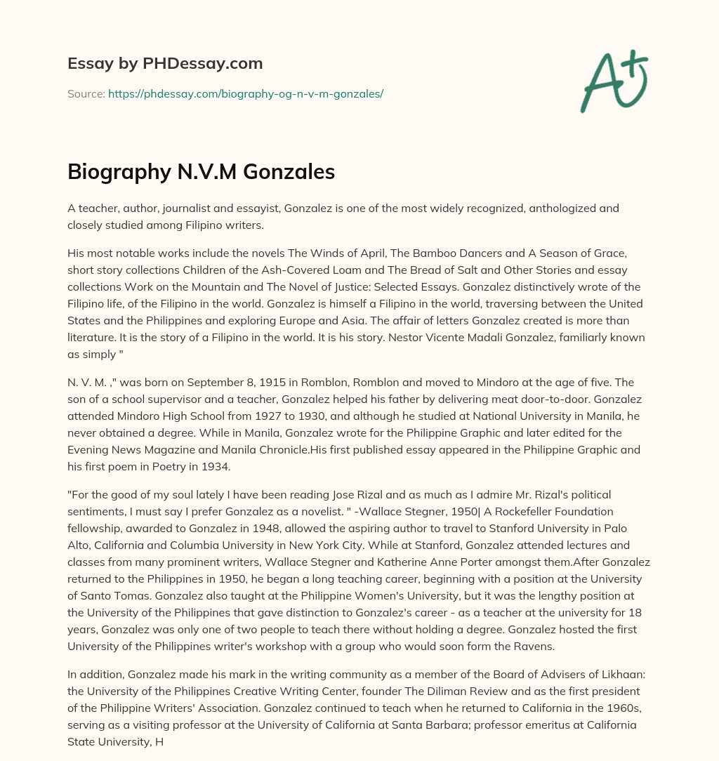 Biography N.V.M Gonzales essay