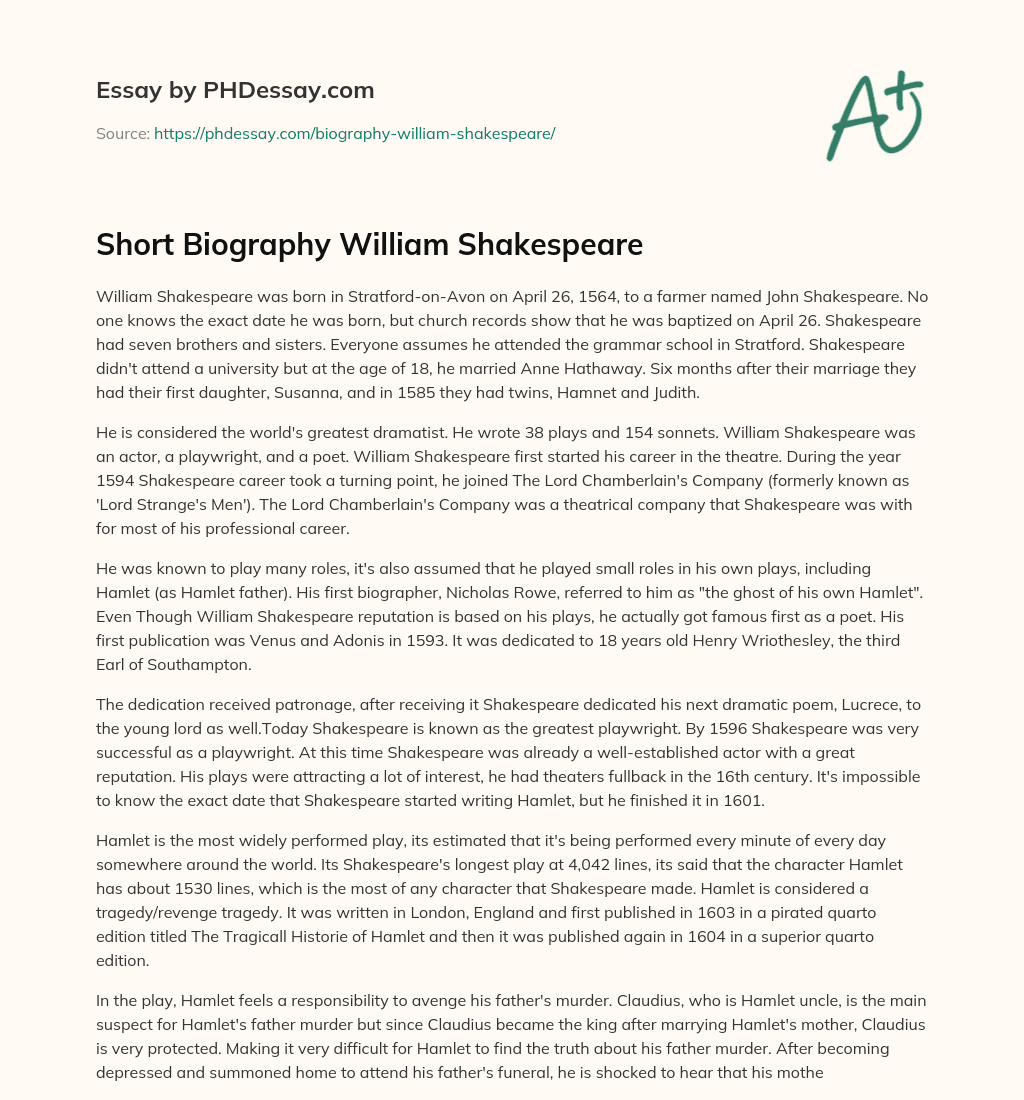Short Biography William Shakespeare essay