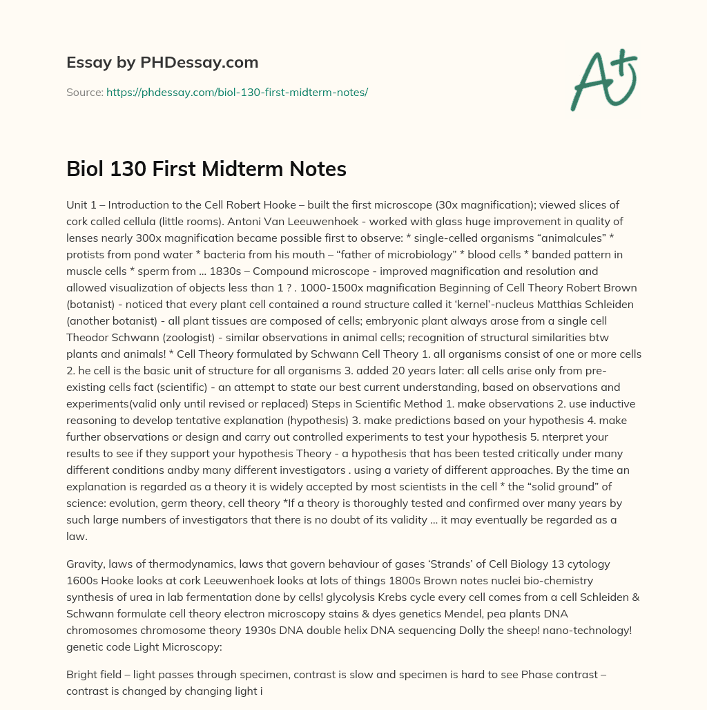 Biol 130 First Midterm Notes essay