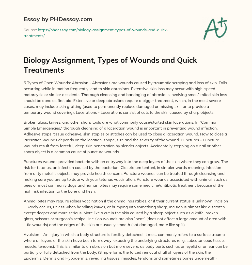 Biology Assignment, Types of Wounds and Quick Treatments essay