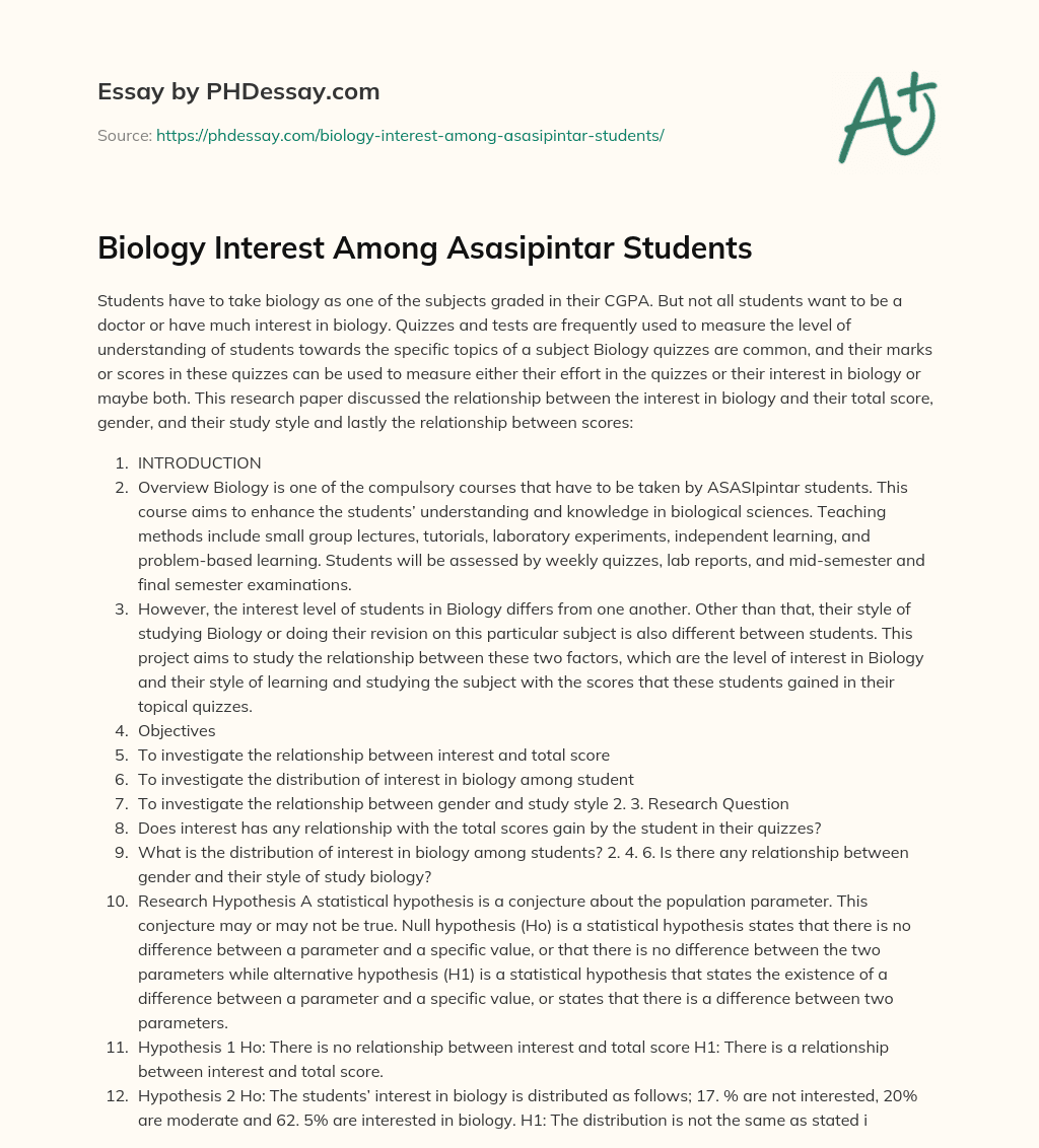 Biology Interest Among Asasipintar Students essay