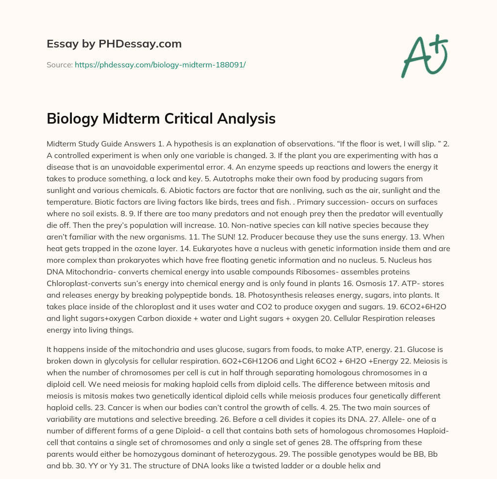 Biology Midterm Critical Analysis essay