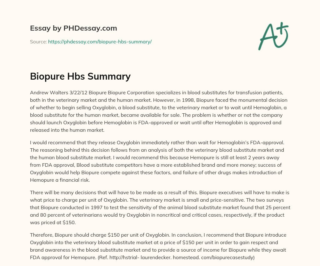 Biopure Hbs Summary essay
