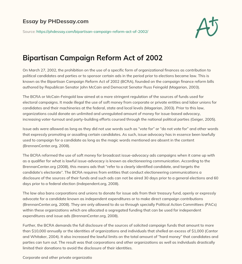 Bipartisan Campaign Reform Act of 2002 essay
