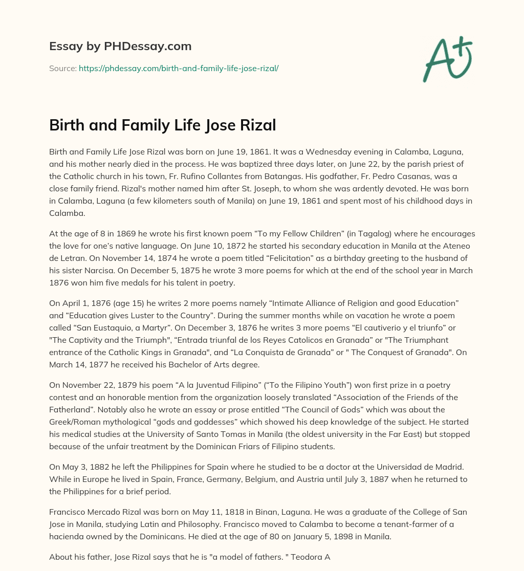 Birth and Family Life Jose Rizal essay