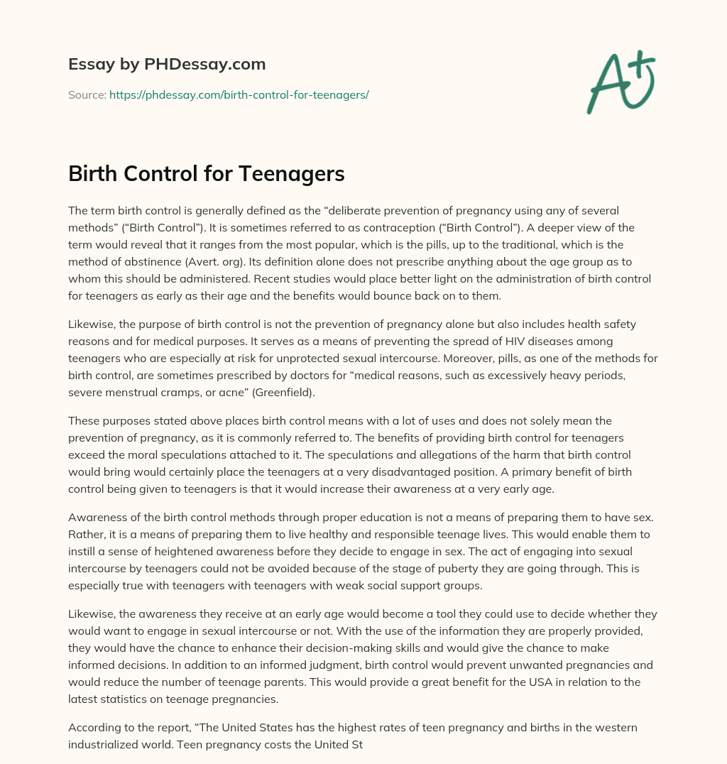 Birth Control for Teenagers essay