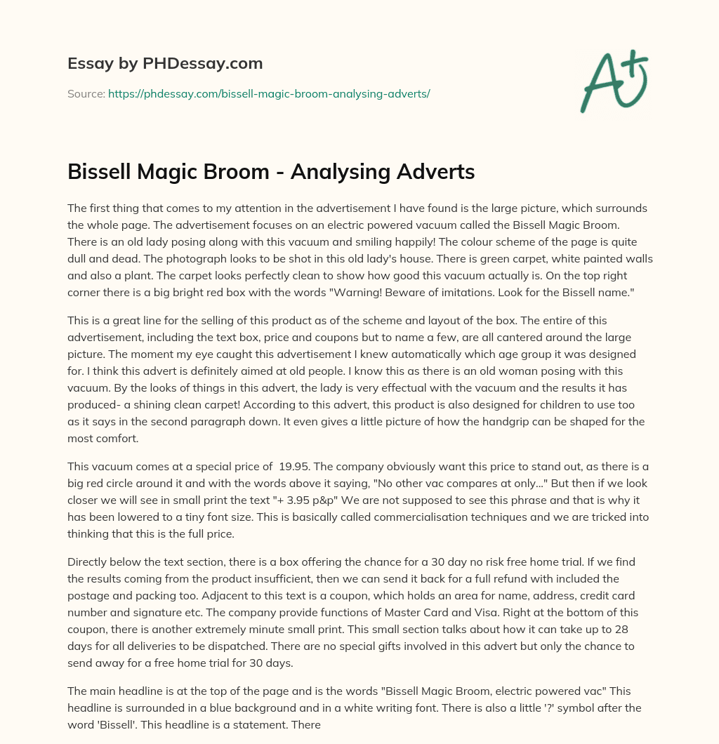 Bissell Magic Broom – Analysing Adverts essay