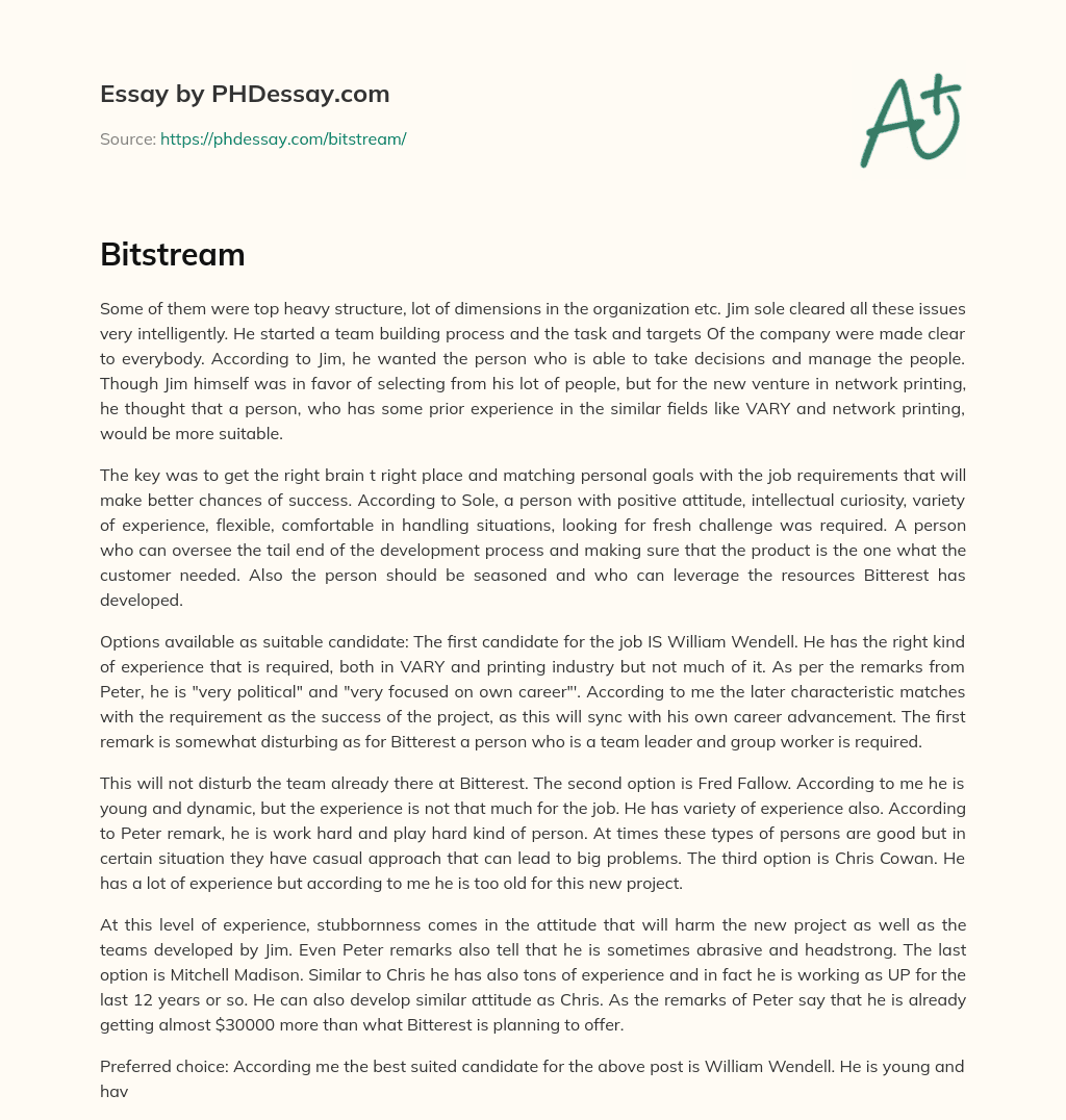 Selecting the Right Candidate for a New Venture in Network Printing essay