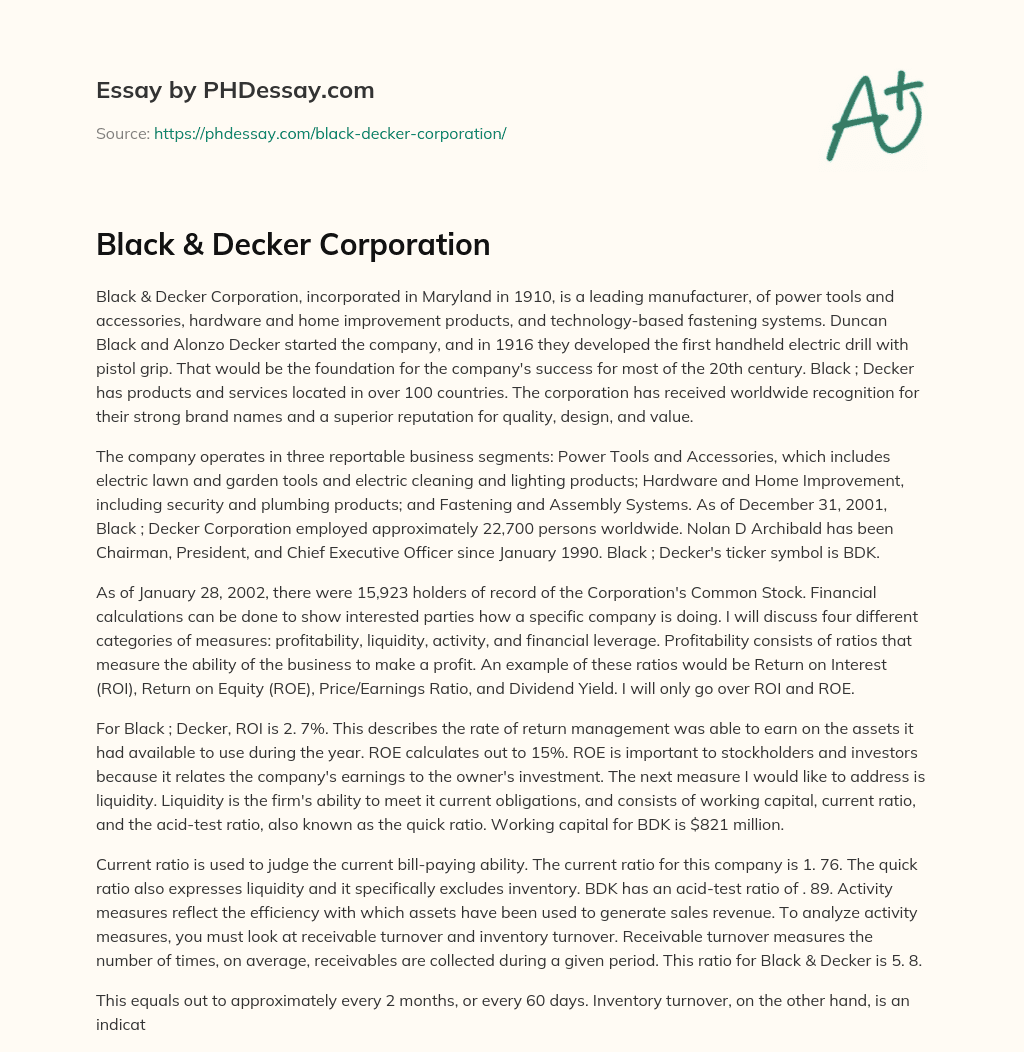 Black & Decker Corporation essay