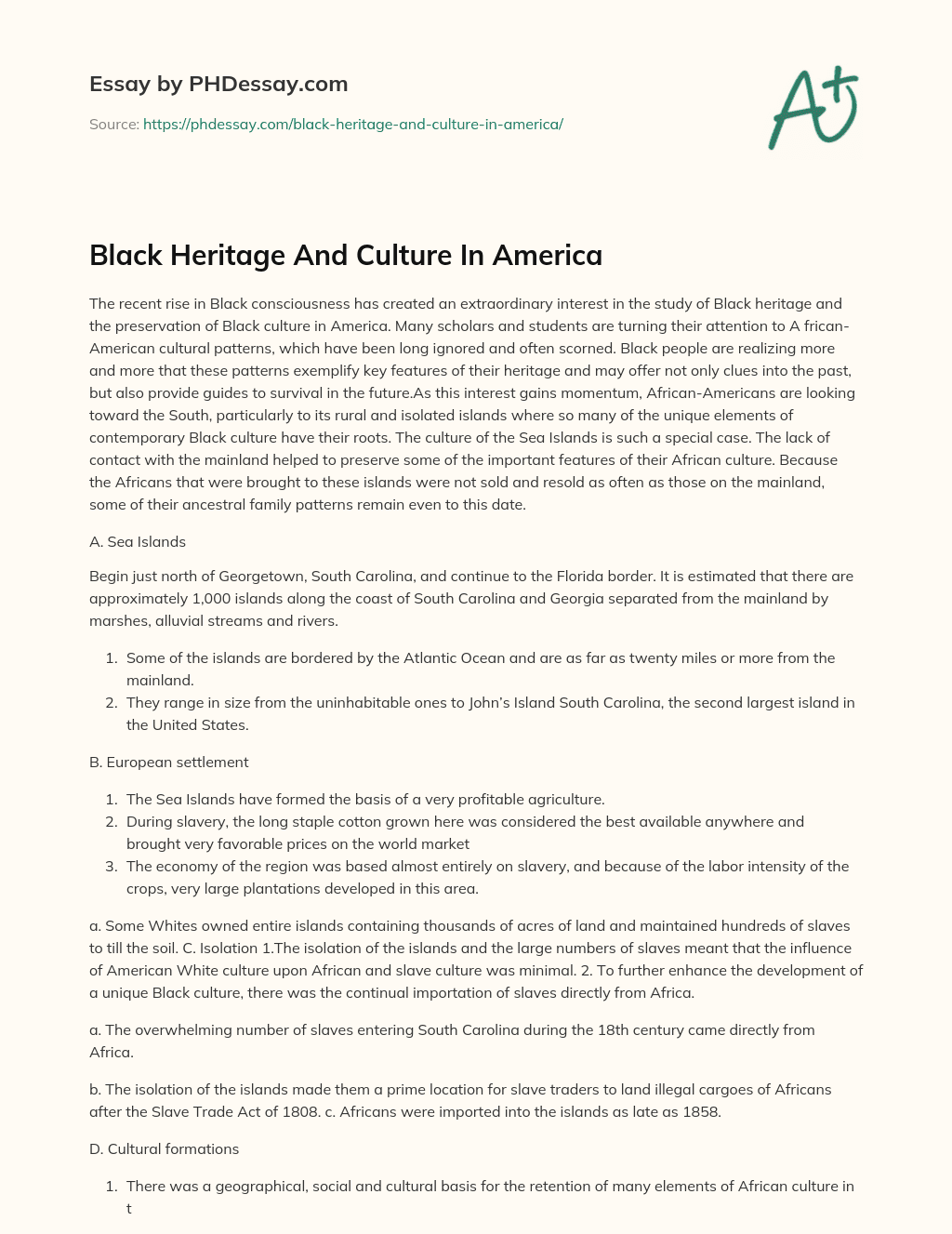 Black Heritage And Culture In America essay