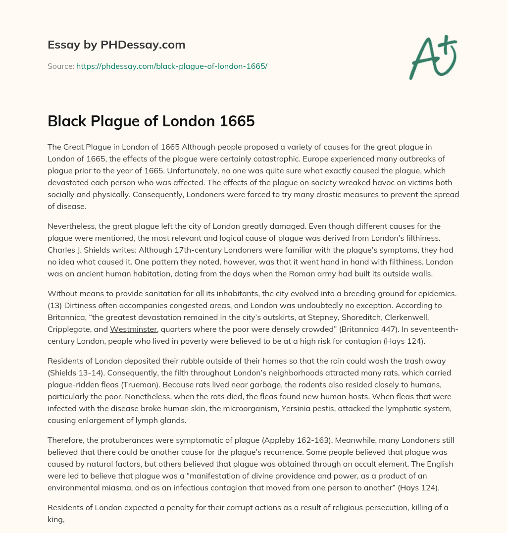 Black Plague of London 1665 essay