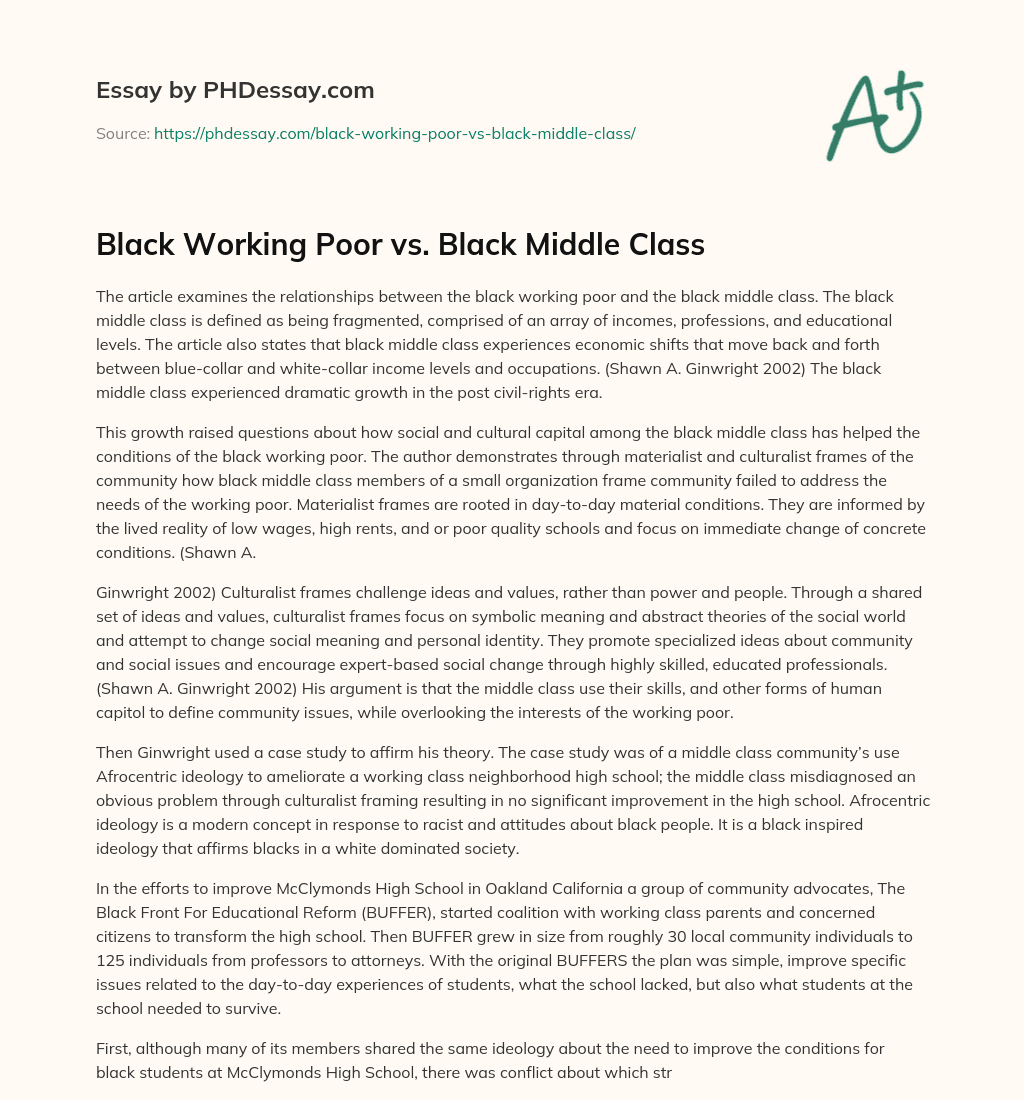 Black Working Poor vs. Black Middle Class essay
