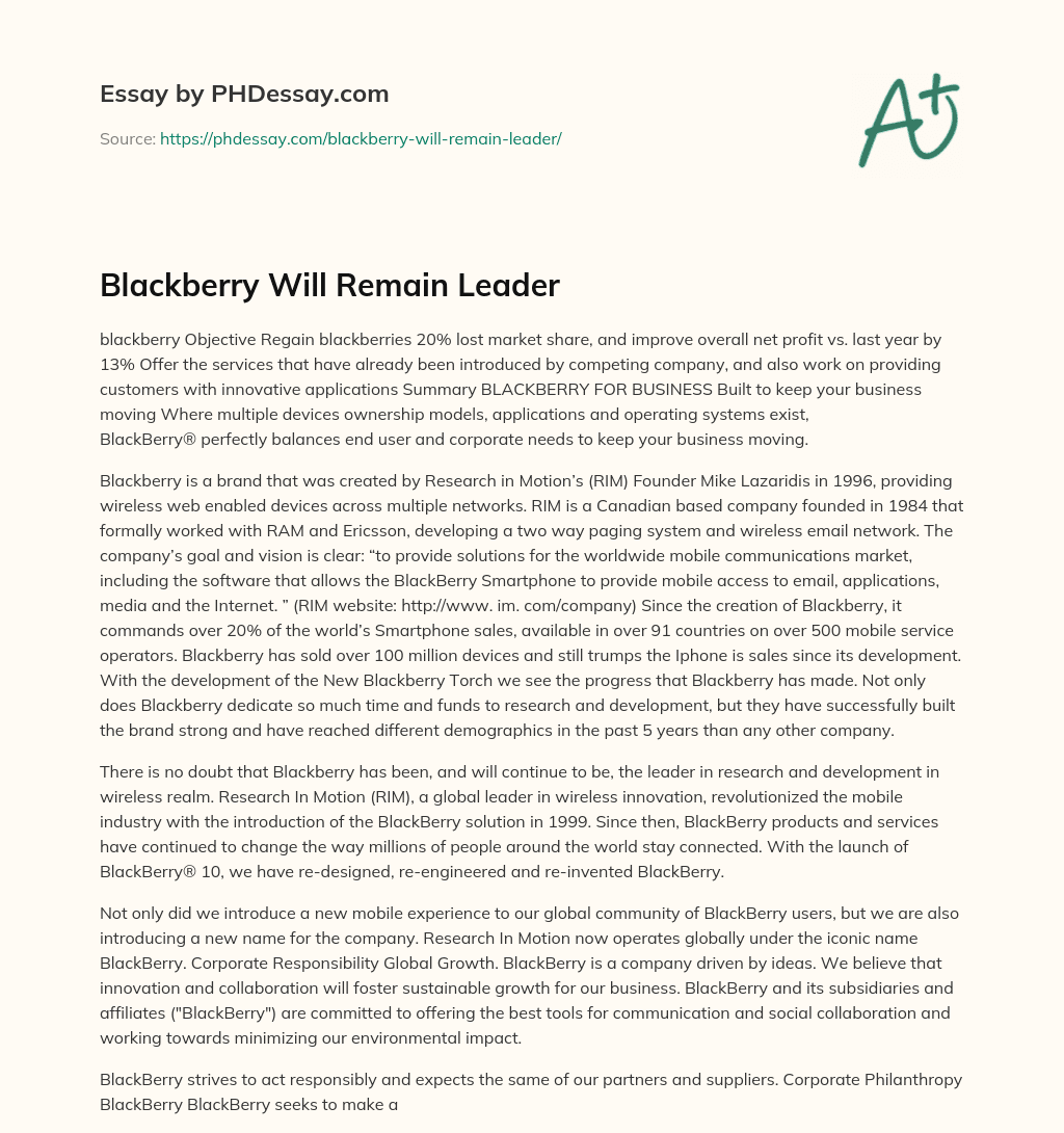 Blackberry Will Remain Leader essay