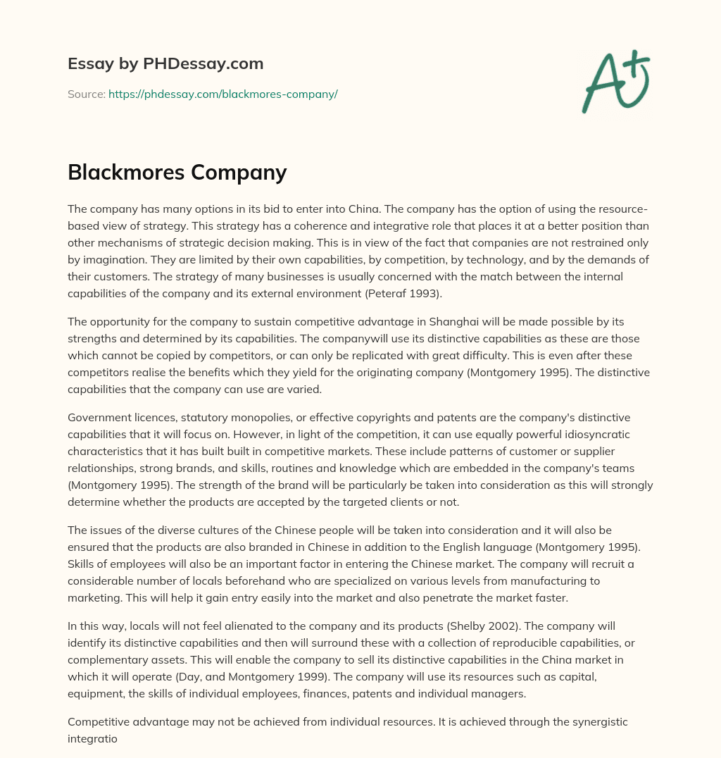 Blackmores Company essay