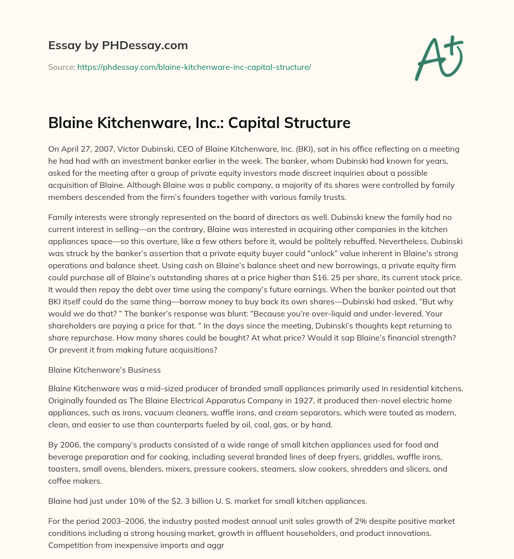 Blaine Kitchenware, Inc.: Capital Structure essay