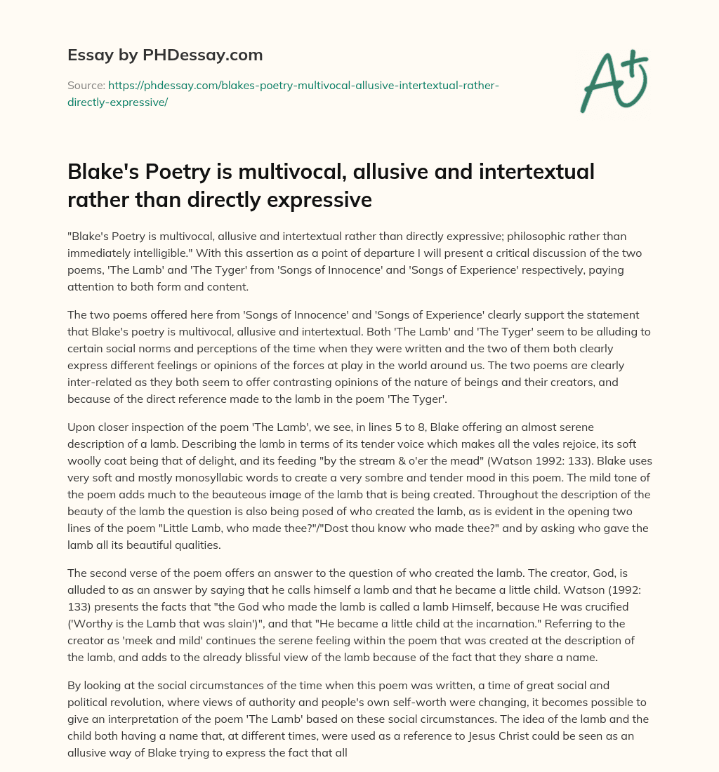 Blake’s Poetry: Multivocal and Allusive in ‘The Lamb’ and ‘The Tyger’ essay